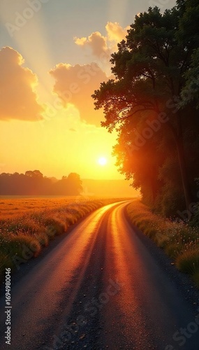 Golden hour light bathes a quiet country road as the sun rises, illuminating the landscape with a warm, ethereal glow Perfect for travel, nature, and peaceful imagery , landscape, sunbeams