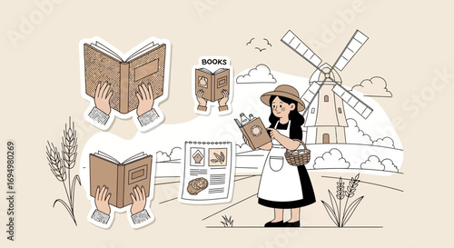Illustrative scene of a farmer reading books near a windmill learning about agriculture and recipes