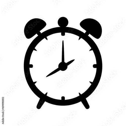 A simple black and white depiction of a classic alarm clock design