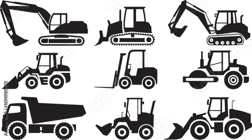 Set of 9 black construction excavation and bulldozer silhouettes with detailed machinery icons in vector format.