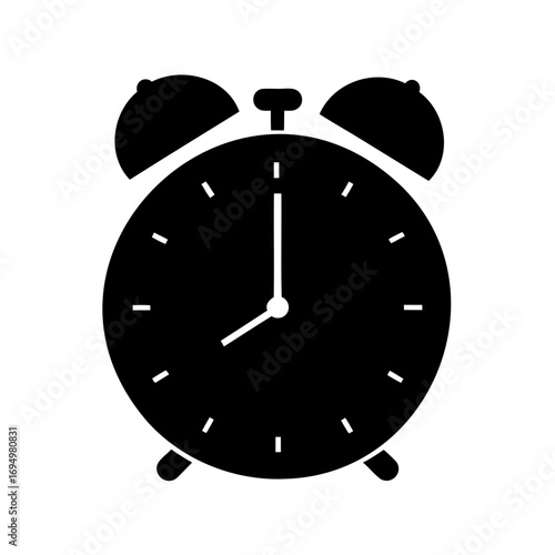 A traditional black alarm clock showing 8 o'clock on a white background