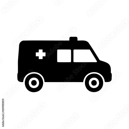 Stylized black and white ambulance icon for medical emergency transport needs