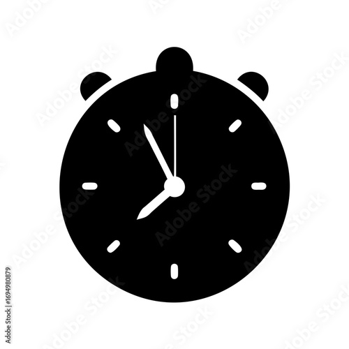 Black and white alarm clock icon, indicating time, simple design