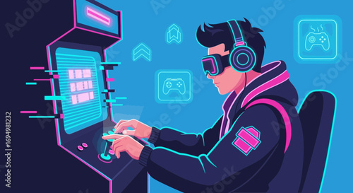 Immersive gaming experience with retro arcade and futuristic virtual reality gear