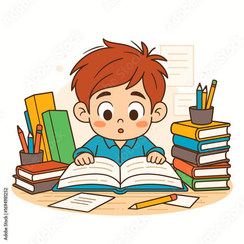 Cartoon boy reading book at study desk surrounded by stacks of colorful books and stationery in vector illustration style for education and learning theme
