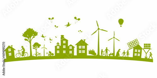 Green eco friendly city skyline with renewable energy and happy families living sustainably