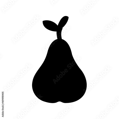 Simple Pear Fruit Silhouette with Stem and Leaves on White Background