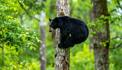 Black bear climbing a tree in a lush forest