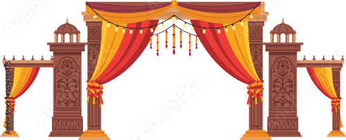 Traditional Indian wedding arch design with detailed carvings, vibrant red and yellow fabric drapery, festive hanging decorations and glowing string lights for celebrations, wedding ceremonies.