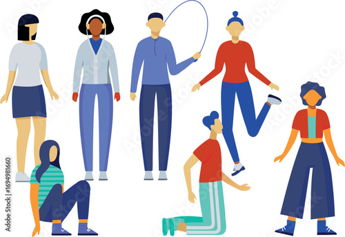 Editable Vector Illustration of Diverse Group Embracing Fitness with Jumping Rope, Stretching, and Standing Tall in a Clean Style.