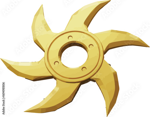 Radiant gold shuriken with six sharp points, intricate central detailing, powerful and precise combat tool, ideal for stealth and skill.