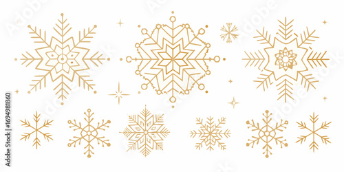 Collection of elegant golden snowflake designs and sparkling starbursts on a white background