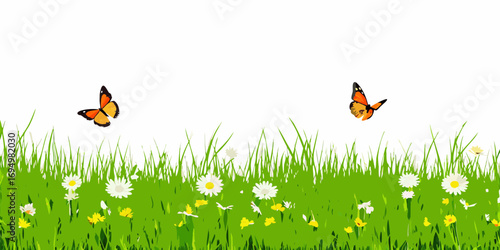 Two orange butterflies flying over a vibrant green meadow filled with white and yellow wildflowers