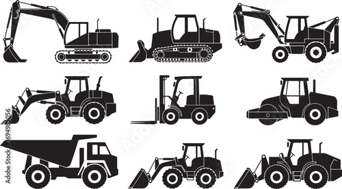 Set of 9 black construction excavation and bulldozer silhouettes with detailed machinery icons in vector format.