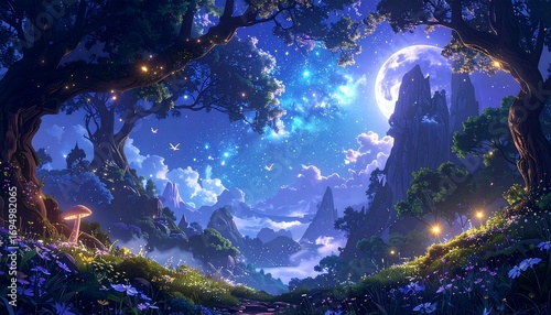 Wallpaper Mural A breathtaking nocturnal landscape showcases a fantasy forest, with towering trees, dramatic mountains, and a luminous moon bathed in a starry sky, creating a serene and magical atmosphere. Torontodigital.ca