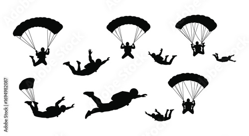 skydivers parachuting through air with dynamic poses silhouette
