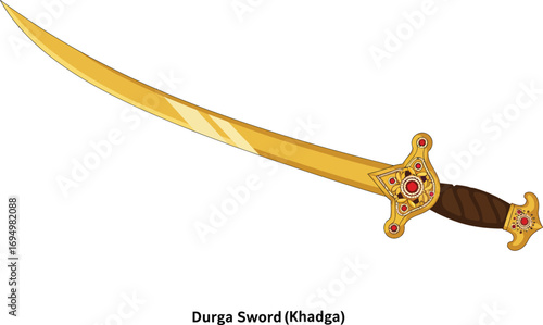 Magnificent golden Khadga, the divine sword of Durga, adorned with rich ruby and emerald jewels, symbolizing divine power and victory over evil.