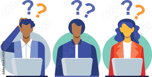 Editable Flat Vector Illustration of Confused Colleagues Pondering Problems Under Question Marks in Clean Bright Design Style.