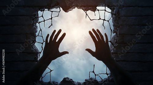 Law Restriction Battle Light Emerging Through Cracked Wall Hands Reaching