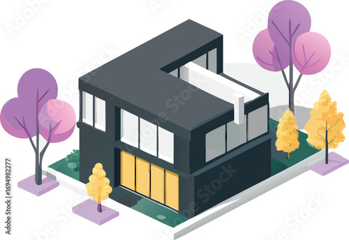 Editable Isometric Vector Illustration of Modern Home with Clean Lines, Warm Yellow Doors, and Stylized Trees in Vibrant Style.