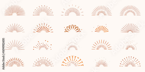 Collection of abstract boho sunburst and sunrise geometric line art elements in terracotta color palette