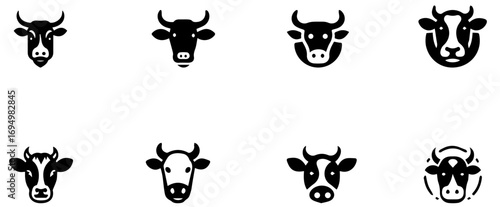 Set of Black and White Cow Head Icons Collection