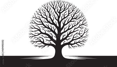 Minimalist Black and White Vector Illustration of a Majestic Tree with Branches