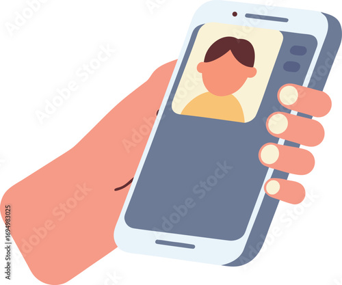 Editable Flat Vector Illustration of Remote Connection via Smartphone Video Call with Personal Avatar in Warm Color Design.