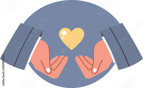Editable Vector Illustration of Two Hands Cradling a Golden Heart as a Symbol of Shared Love on Simple Blue Background.