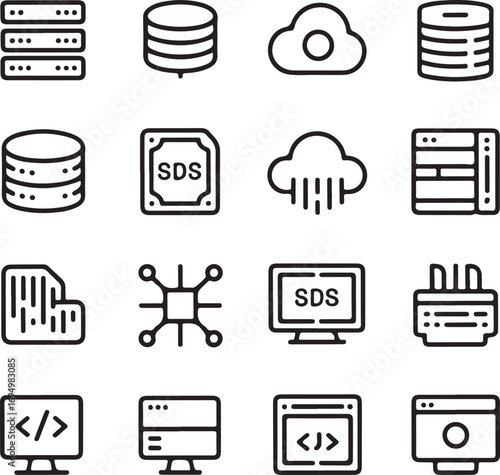 Collection of minimalistic icons representing data storage, cloud computing, and web development elements
