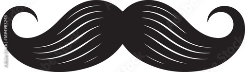 A striking black silhouette illustration of a classic curled handlebar mustache icon, a vector graphic isolated on a white background