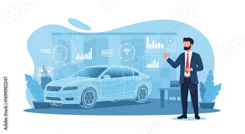 Innovative technology: Man presenting a futuristic car design with data visualization interface