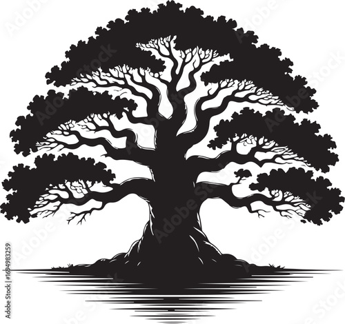 Majestic oak tree silhouette vector illustration in a minimalist flat design style. A powerful black and white graphic symbol of life, strength, and nature