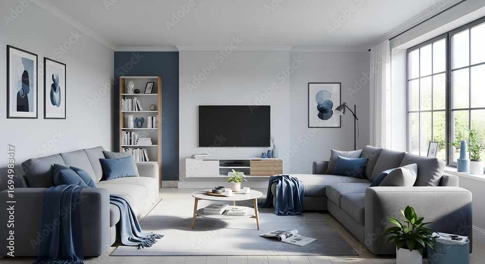 Fototapeta premium Contemporary Living Room Interior Design Featuring Comfortable Furnishings Aesthetic