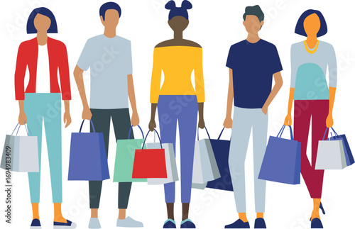 Editable Flat Vector Illustration of Diverse Group Enjoying Shopping Spree Together with Bags in Hand Representing Unity.