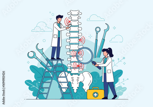 Flat style illustration of chiropractors examining spine with magnifying glass and medical tools, back pain diagnosis, treatment, posture correction, and healthcare rehabilitation for wellness