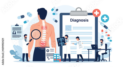 Flat style illustration of chiropractor diagnosis with doctors analyzing spine pain, medical charts, and X-rays, emphasizing healthcare treatment, posture correction, and rehabilitation for patient