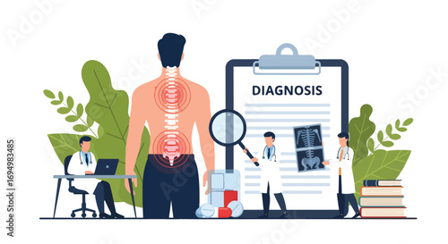 Flat style illustration of chiropractor diagnosis with doctors analyzing spine pain, medical charts, and X-rays, emphasizing healthcare treatment, posture correction, and rehabilitation for patient