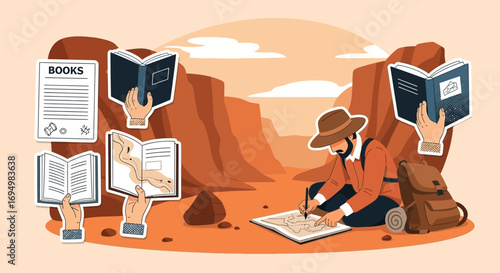Lost in the desert, reading books to find a way out of nowhere, vector illustration, flat style,