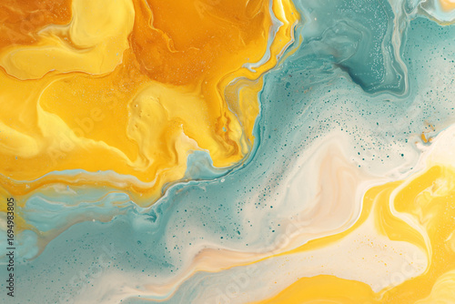 Abstract fluid art painting yellow blue and white swirls