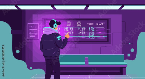 Man checking train schedule at a futuristic station with a neon aesthetic design