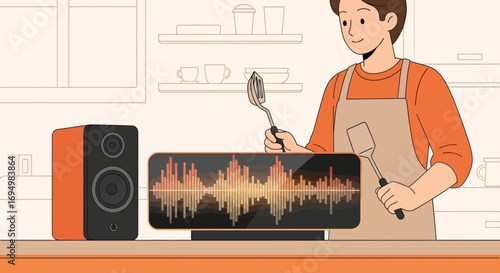 Man cooking while listening to music on a smart speaker in the kitchen illustration
