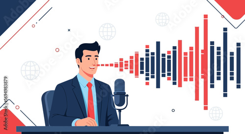 Man broadcasting with microphone and audio wave design in a radio station podcast studio