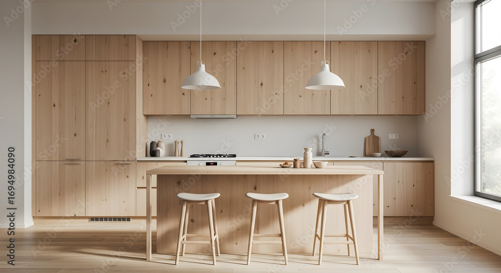 Fototapeta premium Contemporary Minimalist Kitchen Design Showcasing Wooden Cabinetry And Modern Fixtures