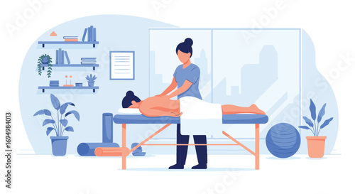 Flat style illustration of massage therapy session with therapist giving back massage to patient in wellness clinic, emphasizing relaxation, stress relief, and alternative healthcare treatment