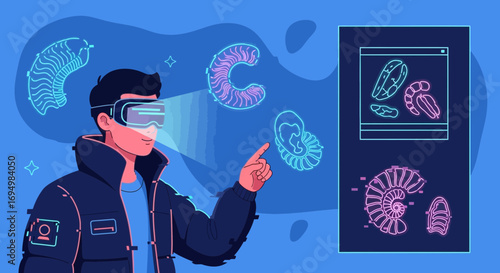 Man explores prehistoric fossils in augmented reality with virtual reality headset