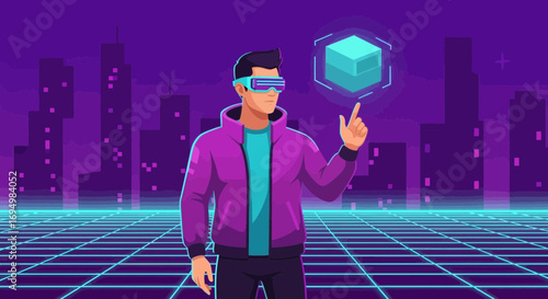 Man experiencing virtual reality in a futuristic cityscape with neon lights and vibrant colors