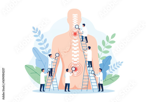 Flat style illustration of chiropractors examining spine with magnifying glasses and ladders, focusing on back pain treatment, posture correction, and medical healthcare for wellness and recovery