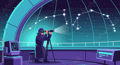 Man exploring space at an observatory with telescope and modern computer, vector illustration