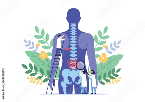 Flat style illustration of chiropractors examining spine with magnifying glasses and ladders, focusing on back pain treatment, posture correction, and medical healthcare for wellness and recovery